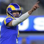 Los Angeles Rams quarterback Matthew Stafford (9) gestures during the second half of an NFL wild-card playoff football game against the Arizona Cardinals in Inglewood, Calif., Monday, Jan. 17, 2022. (AP Photo/Jae C. Hong)