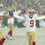 San Francisco 49ers' Robbie Gould celebrates after making the game-winning field goal during the second half of an NFC divisional playoff NFL football game against the Green Bay Packers Saturday, Jan. 22, 2022, in Green Bay, Wis. The 49ers won 13-10 to advance to the NFC Chasmpionship game. (AP Photo/Morry Gash)