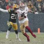 Green Bay Packers' Eric Stokes tries to stop San Francisco 49ers' George Kittle during the second half of an NFC divisional playoff NFL football game Saturday, Jan. 22, 2022, in Green Bay, Wis. (AP Photo/Morry Gash)