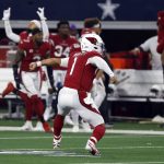 Arizona Cardinals quarterback Kyler Murray (1) celebrates after throwing a touchdown pass to wide receiver Antoine Wesley during the second half of an NFL football game against the Dallas Cowboys Sunday, Jan. 2, 2022, in Arlington, Texas. (AP Photo/Ron Jenkins)