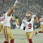 
              San Francisco 49ers' Robbie Gould celebrates after making the game-winning field goal during the second half of an NFC divisional playoff NFL football game against the Green Bay Packers Saturday, Jan. 22, 2022, in Green Bay, Wis. The 49ers won 13-10 to advance to the NFC Chasmpionship game. (AP Photo/Morry Gash)
            