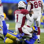 Arizona Cardinals quarterback Kyler Murray (1) is sacked by Los Angeles Rams outside linebacker Von Miller during the first half of an NFL wild-card playoff football game in Inglewood, Calif., Monday, Jan. 17, 2022. (AP Photo/Marcio Jose Sanchez)