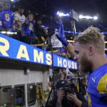 Los Angeles Rams wide receiver Cooper Kupp walks off the field after the Rams defeated the Arizona Cardinals in an NFL wild-card playoff football game in Inglewood, Calif., Monday, Jan. 17, 2022. (AP Photo/Mark J. Terrill)