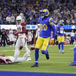 Los Angeles Rams tight end Tyler Higbee reacts after catching a pass against the Arizona Cardinals during the first half of an NFL wild-card playoff football game in Inglewood, Calif., Monday, Jan. 17, 2022. (AP Photo/Marcio Jose Sanchez)