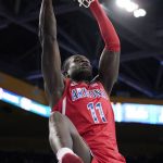 Arizona center Oumar Ballo dunks during the first half of an NCAA college basketball game against UCLA Tuesday, Jan. 25, 2022, in Los Angeles. (AP Photo/Mark J. Terrill)