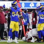 Los Angeles Rams outside linebacker Leonard Floyd (54) gestures during the first half of an NFL wild-card playoff football game against the Arizona Cardinals in Inglewood, Calif., Monday, Jan. 17, 2022. (AP Photo/Marcio Jose Sanchez)