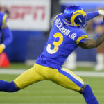 Los Angeles Rams wide receiver Odell Beckham Jr. (3) catches a pass against the Arizona Cardinals during the first half of an NFL wild-card playoff football game in Inglewood, Calif., Monday, Jan. 17, 2022. (AP Photo/Jae C. Hong)