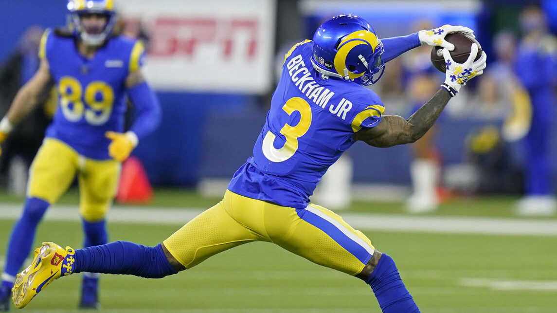 Los Angeles Rams wide receiver Odell Beckham Jr. (3) catches a pass against the Arizona Cardinals d...