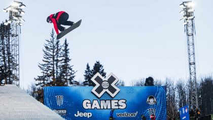 Elizabeth Hosking airs out of the superpipe during the women's finals at the Winter X Games on Satu...