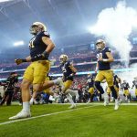 Notre Dame players take the field prior to the Fiesta Bowl NCAA college football game against Oklahoma State, Saturday, Jan. 1, 2022, in Glendale, Ariz. (AP Photo/Ross D. Franklin)