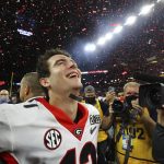 Georgia quarterback Stetson Bennett reacts to winning the College Football Playoff championship game on Monday, Jan. 10, 2022, in Indianapolis, against Alabama. (Curtis Compton/Atlanta Journal-Constitution via AP)
