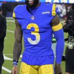 Los Angeles Rams wide receiver Odell Beckham Jr. (3) smiles after the Rams defeated the Arizona Cardinals in an NFL wild-card playoff football game in Inglewood, Calif., Monday, Jan. 17, 2022. (AP Photo/Marcio Jose Sanchez)