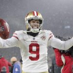 San Francisco 49ers' Robbie Gould celebrates after an NFC divisional playoff NFL football game against the Green Bay Packers Saturday, Jan. 22, 2022, in Green Bay, Wis. The 49ers won 13-10 to advance to the NFC Chasmpionship game. (AP Photo/Aaron Gash)