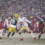 San Francisco 49ers' Robbie Gould makes the game-winning field goal during the second half of an NFC divisional playoff NFL football game against the Green Bay Packers Saturday, Jan. 22, 2022, in Green Bay, Wis. The 49ers won 13-10 to advance to the NFC Chasmpionship game. (AP Photo/Aaron Gash)
