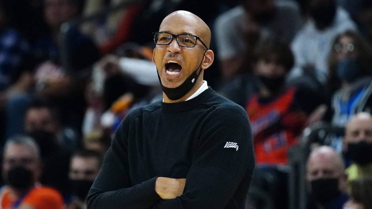Phoenix Suns coach Monty Williams shouts instructions to players during the first half of an NBA ba...