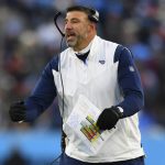 Tennessee Titans head coach Mike Vrabel speaks during the first half of an NFL divisional round playoff football game against the Cincinnati Bengals, Saturday, Jan. 22, 2022, in Nashville, Tenn. (AP Photo/John Amis)
