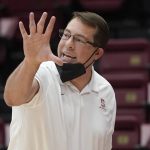 Stanford coach Jerod Haase gestures to players during the first half of the team's NCAA college basketball game against Arizona State in Stanford, Calif., Saturday, Jan. 22, 2022. (AP Photo/Jeff Chiu)