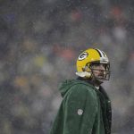 Green Bay Packers' Aaron Rodgers looks up during the second half of an NFC divisional playoff NFL football game against the San Francisco 49ers Saturday, Jan. 22, 2022, in Green Bay, Wis. (AP Photo/Aaron Gash)