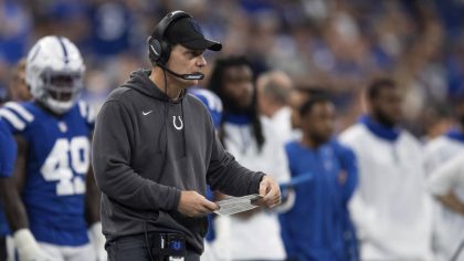 Indianapolis Colts defensive coordinator Matt Eberflus is shown on the sidelines during an NFL foot...