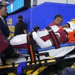 Arizona Cardinals safety Budda Baker is carted off the field during the second half of an NFL wild-card playoff football game against the Los Angeles Rams in Inglewood, Calif., Monday, Jan. 17, 2022. (AP Photo/Mark J. Terrill)