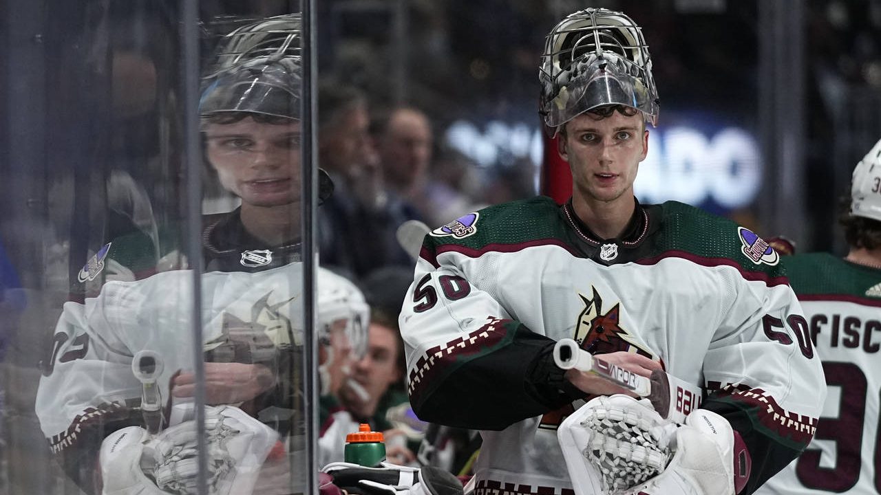 Arizona Coyotes goaltender Ivan Prosvetov looks on against the Colorado Avalanche during the third ...