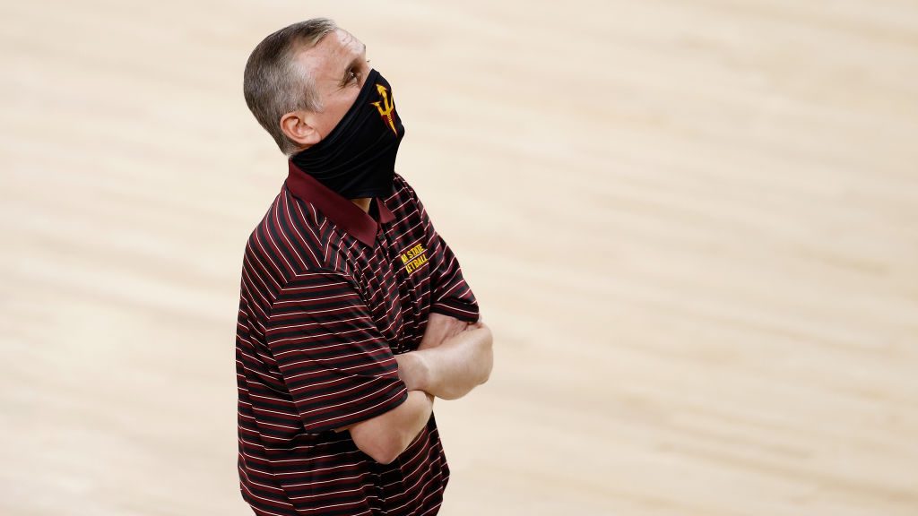 Head coach Bobby Hurley of the Arizona State Sun Devils reacts during the first half of the NCAAB g...