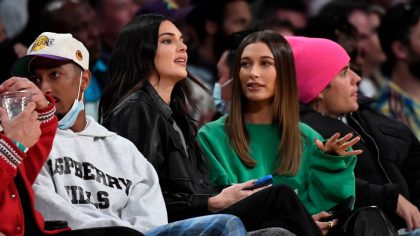Kendell Jenner, Hailey and Justin Bieber attend the Los Angeles Lakers  and Phoenix Suns game at St...