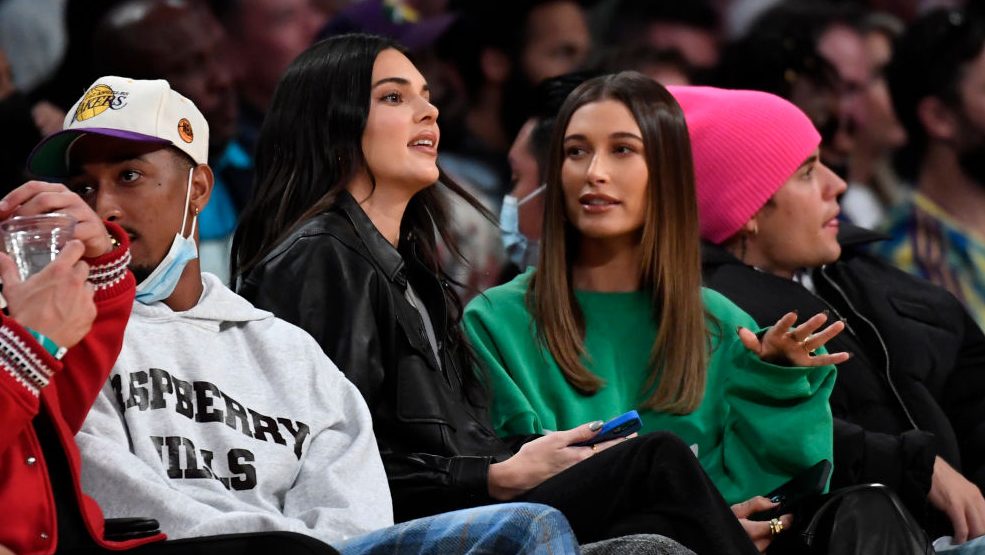 Kendell Jenner, Hailey and Justin Bieber attend the Los Angeles Lakers  and Phoenix Suns game at St...