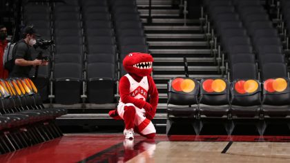 The Raptors mascot, the Raptor has one lonely job these days.  He still gets up to his usual antics...