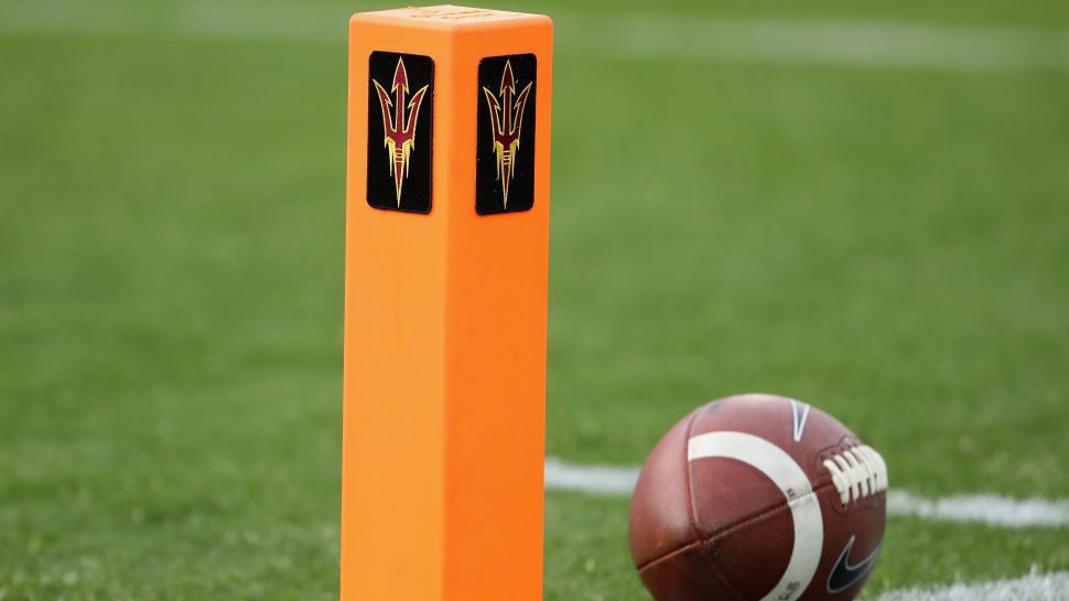 A Arizona State Sun Devils pylon with a football during the NCAAF game against the USC Trojans at S...