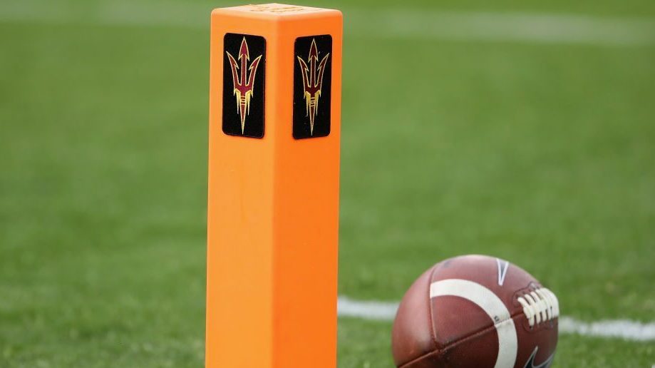 A Arizona State Sun Devils pylon with a football during the NCAAF game against the USC Trojans at S...