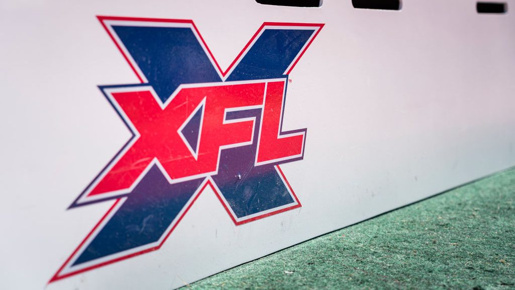 A view of the XFL logo on the sidelines before the XFL game between the DC Defenders and the St. Lo...
