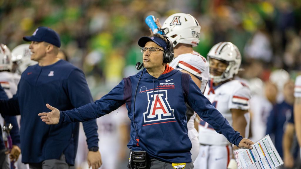 Head coach Jedd Fisch of the Arizona Wildcats reacts on the sideline during a game against the Oreg...