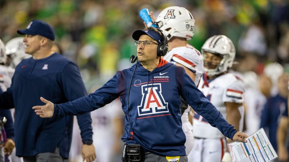 Head coach Jedd Fisch of the Arizona Wildcats reacts on the sideline during a game against the Oreg...