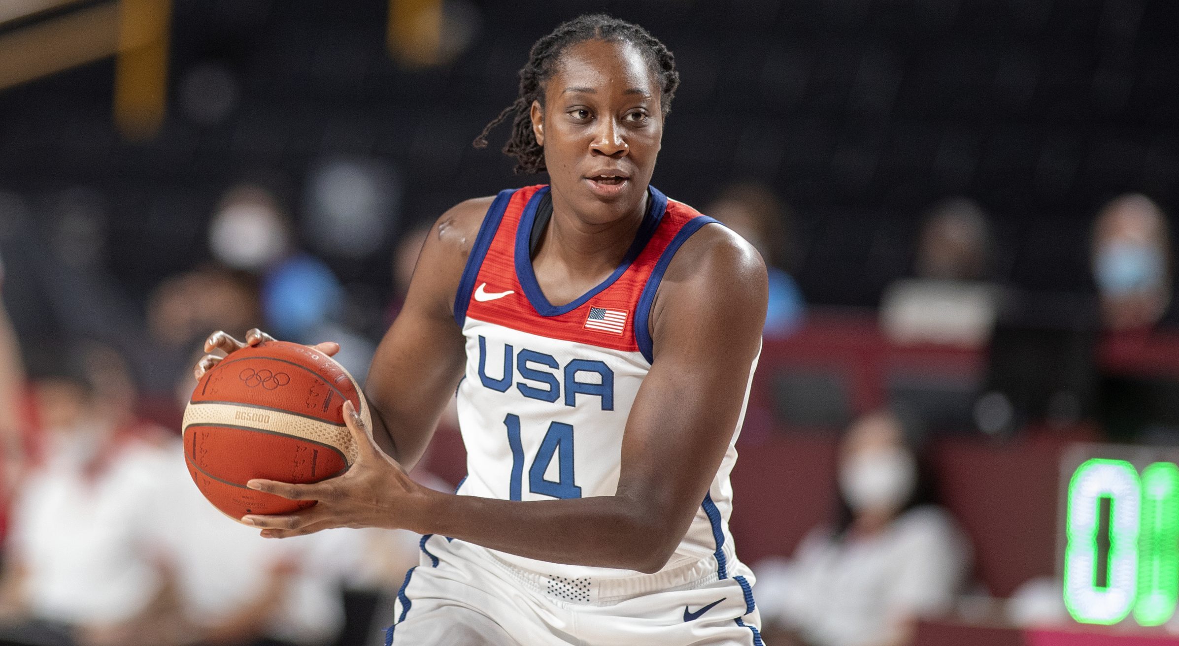 Tina Charles #14 of the United States in action during the Japan V USA basketball final for women a...