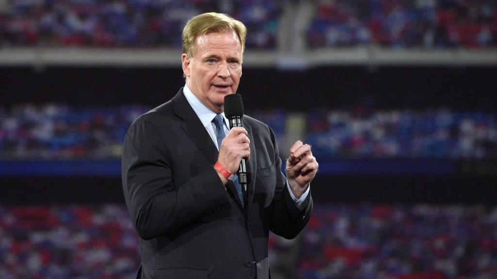 Roger Goodell  speaks onstage during the Robin Hood Benefit at Jacob Javits Center on October 20, 2...