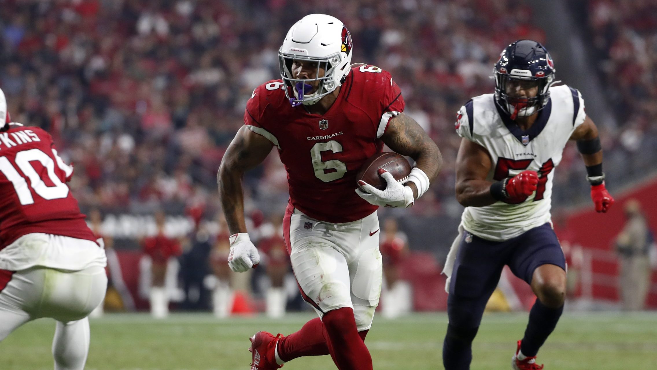 Running back James Conner #6 of the Arizona Cardinals scores a touchdown during the game against th...