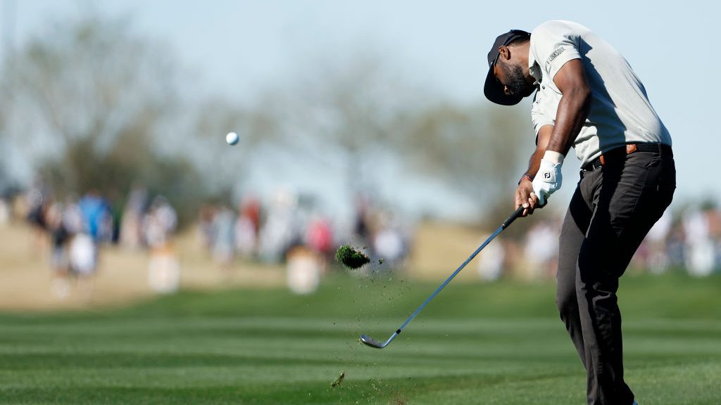 Sahith Theegala of the United States hits from the fairway on the ninth hole during the second roun...