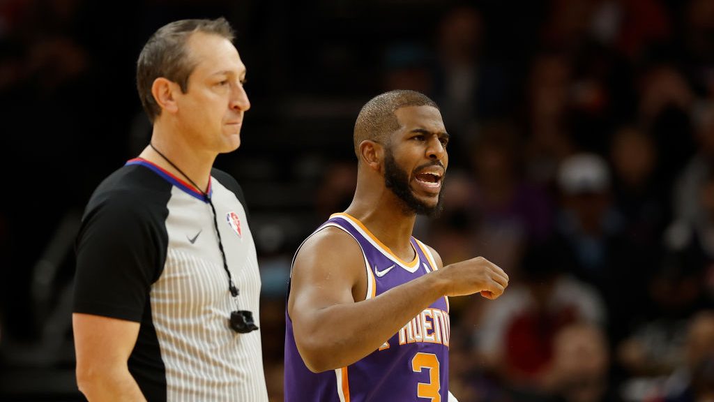 Chris Paul #3 of the Phoenix Suns reacts to a technical-foul from referee J.T. Orr #72 during the s...