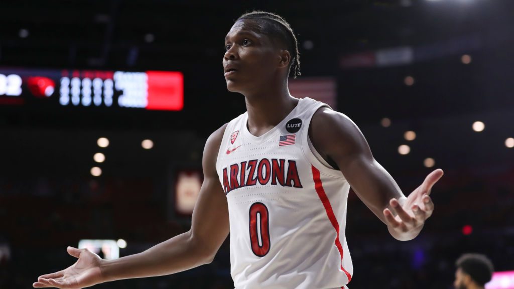 Guard Bennedict Mathurin #0 of the Arizona Wildcats reacts during the game against the Oregon State...