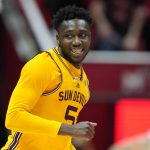 Arizona State guard Jay Heath (5) runs upcourt after scoring a 3-pointer against Utah during the second half of an NCAA college basketball game Saturday, Feb. 26, 2022, in Salt Lake City. (AP Photo/Rick Bowmer)