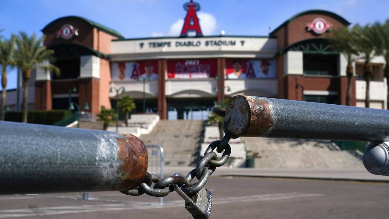 The main parking lot at the Los Angeles Angels Tempe Diablo Stadium remains closed as pitchers and ...