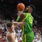 
              Oregon forward Quincy Guerrier (13) shoots over Arizona guard Pelle Larsson during the first half of an NCAA college basketball game, Saturday, Feb. 19, 2022, in Tucson, Ariz. (AP Photo/Rick Scuteri)
            