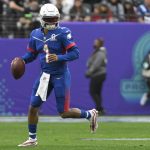 NFC quarterback Kyler Murray of the Arizona Cardinals (1) drops to pass against the AFC during the first half of the Pro Bowl NFL football game, Sunday, Feb. 6, 2022, in Las Vegas. (AP Photo/David Becker)