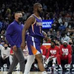 Phoenix Suns guard Chris Paul (3) leaves the game after being ejected against the Houston Rockets during the second half of an NBA basketball game Wednesday, Feb. 16, 2022, in Phoenix. The Suns won 124-121. (AP Photo/Matt York)