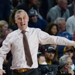 Arizona State coach Bobby Hurley argues with officials during the second half of the team's NCAA college basketball game against UCLA on Saturday, Feb. 5, 2022, in Tempe, Ariz. Arizona State won 87-84 in three overtimes. (AP Photo/Ross D. Franklin)