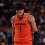 Oregon State forward Maurice Calloo (1) looks away after a foul against Arizona State during the second half of an NCAA college basketball game, Saturday, Feb. 19, 2022, in Tempe, Ariz. (AP Photo/Matt York)