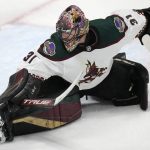 Arizona Coyotes goaltender Scott Wedgewood makes a skate save against the Colorado Avalanche during the third period of an NHL hockey game Tuesday, Feb. 1, 2022, in Denver. (AP Photo/David Zalubowski)