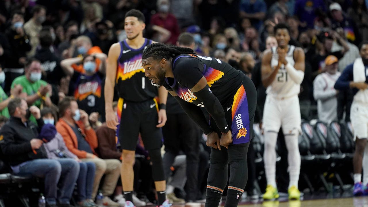 Phoenix Suns forward Jae Crowder reacts after turning the ball over in the finals seconds of the se...