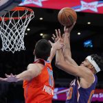 Phoenix Suns' JaVale McGee (00) shoots in front of Oklahoma City Thunder center Aleksej Pokusevski (17) in the second half of an NBA basketball game Thursday, Feb. 24, 2022, in Oklahoma City. (AP Photo/Sue Ogrocki)
